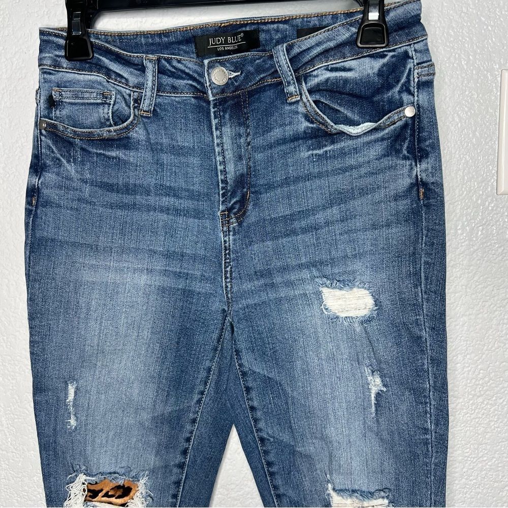 Judy Blue Skinny Fit Distressed Dark Blue Leopard Patch Women’s Jeans Sz 28/7 - Picture 4 of 8